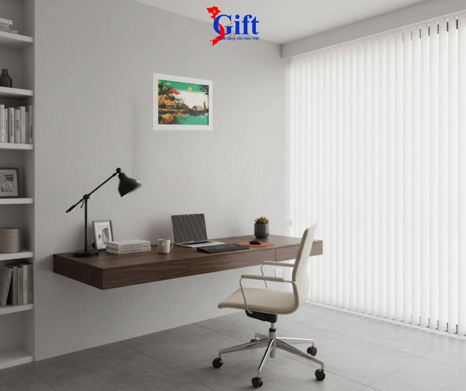 Bộ tranh sơn mài đồng quê nền xanh và khung trắng SGTSM2030/khung