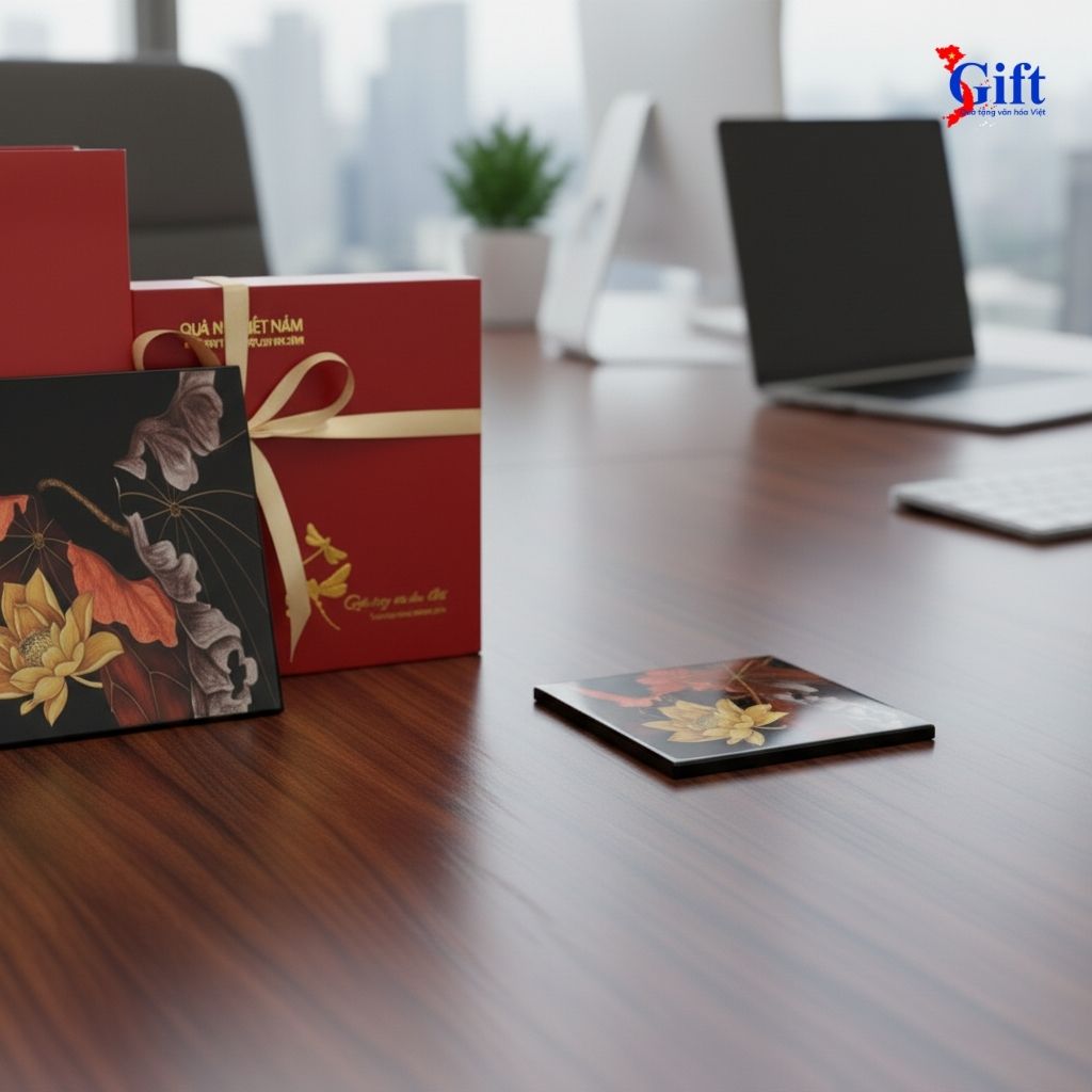 Đế Lót Ly sơn mài vuông hoa sen vàng nền đỏ đen DLL10-10