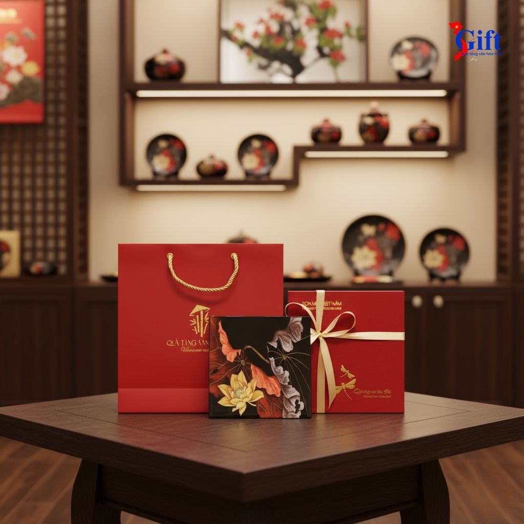 Đế Lót Ly sơn mài vuông hoa sen vàng nền đỏ đen DLL10-10