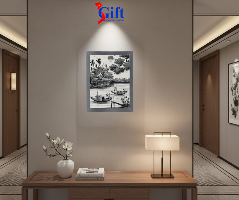 Tranh Sơn Mài Đồng Quê Trắng Đen