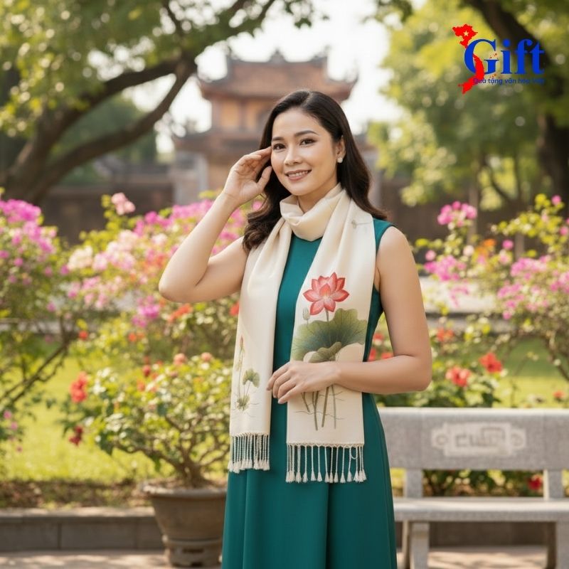 White Lotus Embroidered Silk Scarf with Natural Pearls White Lotus Embroidered Silk Scarf with Natural Pearls