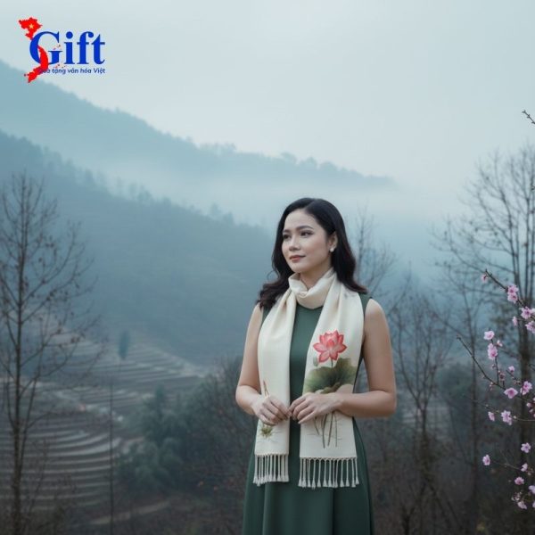 Khăn Lụa Thêu Sen Trắng Ngọc Trai