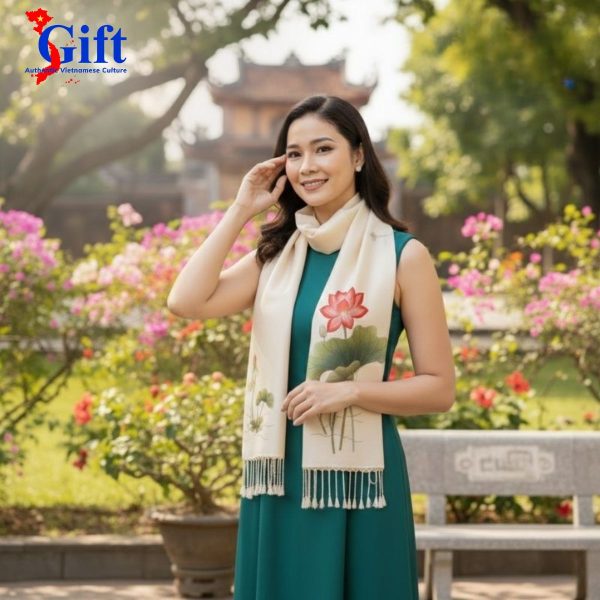 White Lotus Embroidered Silk Scarf with Natural Pearls – SGMNV-LNL45180/12 A Signature Gift of Vietnamese Culture