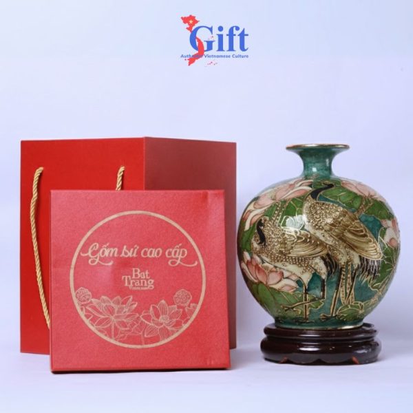 Bình thu tài hút lộc gốm Bát Tràng cao cấp vẽ họa tiết đắp nổi