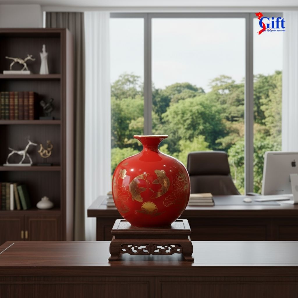 Bình thu tài hút lộc vẽ nhị cảnh cá sen vạn sự như ý nền đỏ