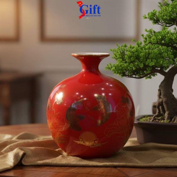 Bình thu tài hút lộc vẽ nhị cảnh cá sen vạn sự như ý nền đỏ