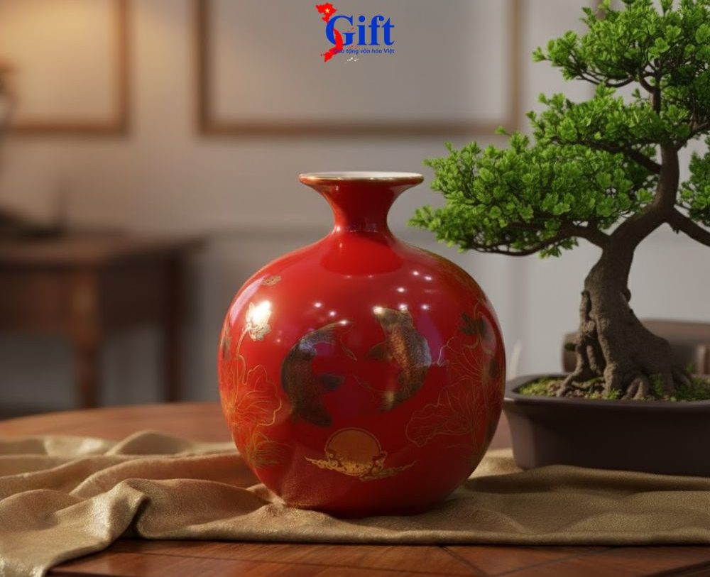 Bình thu tài hút lộc vẽ nhị cảnh cá sen vạn sự như ý nền đỏ (2) Bình thu tài hút lộc vẽ nhị cảnh cá sen vạn sự như ý nền đỏ