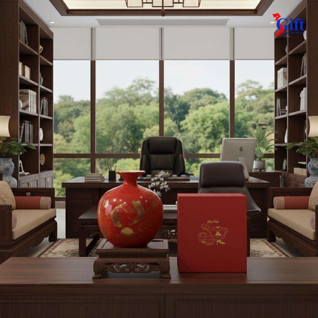 Bình thu tài hút lộc vẽ nhị cảnh cá sen vạn sự như ý nền đỏ