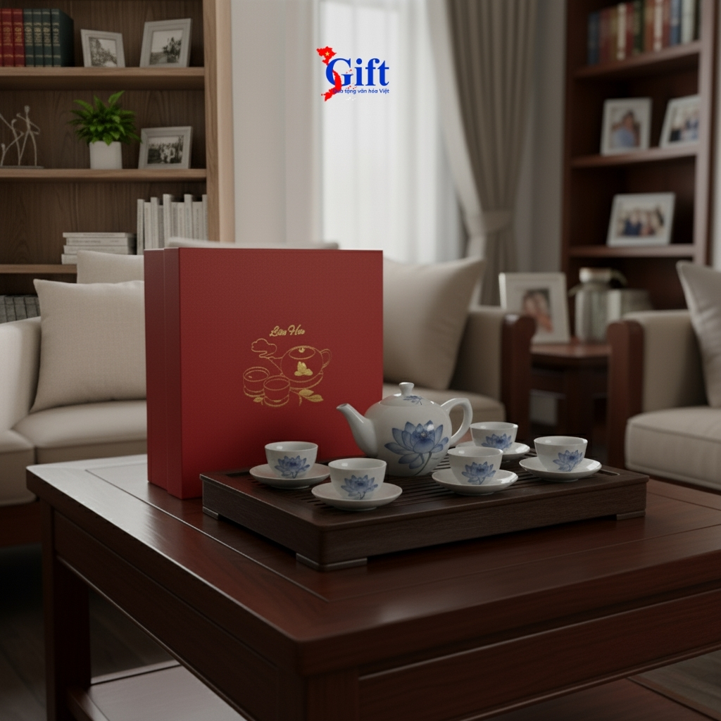 Bình trà Bát Tràng men kem vẽ sen xanh cao cấp