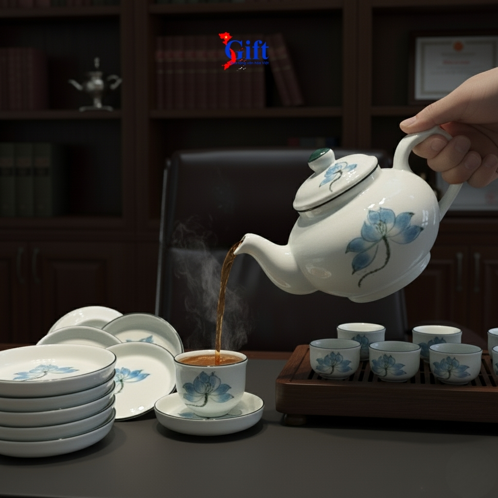 Bình trà Bát Tràng men kem vẽ sen xanh cao cấp