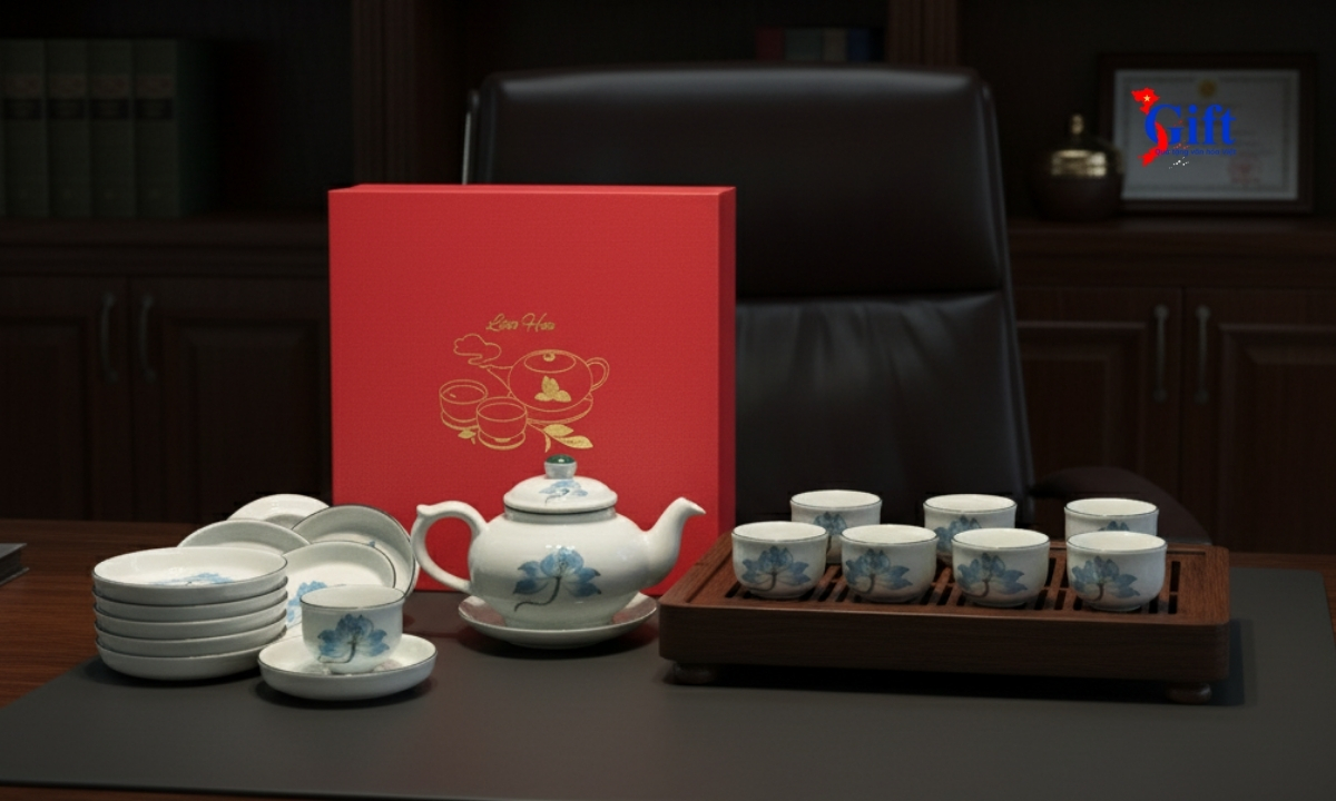 Bình trà Bát Tràng men kem vẽ sen xanh cao cấp