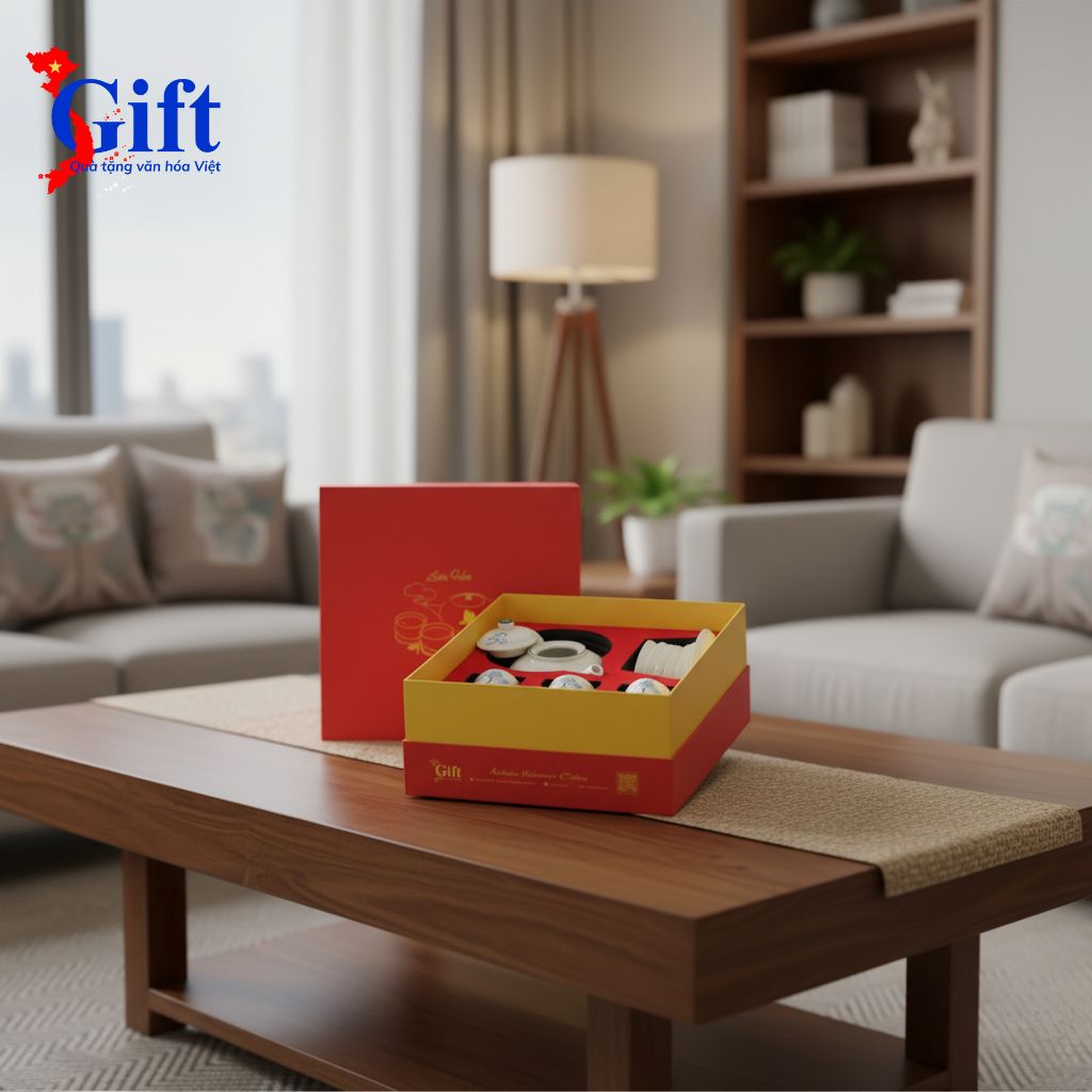 Bình trà Bát Tràng men kem vẽ sen xanh, quà tặng sang trọng cao cấp SG06.2