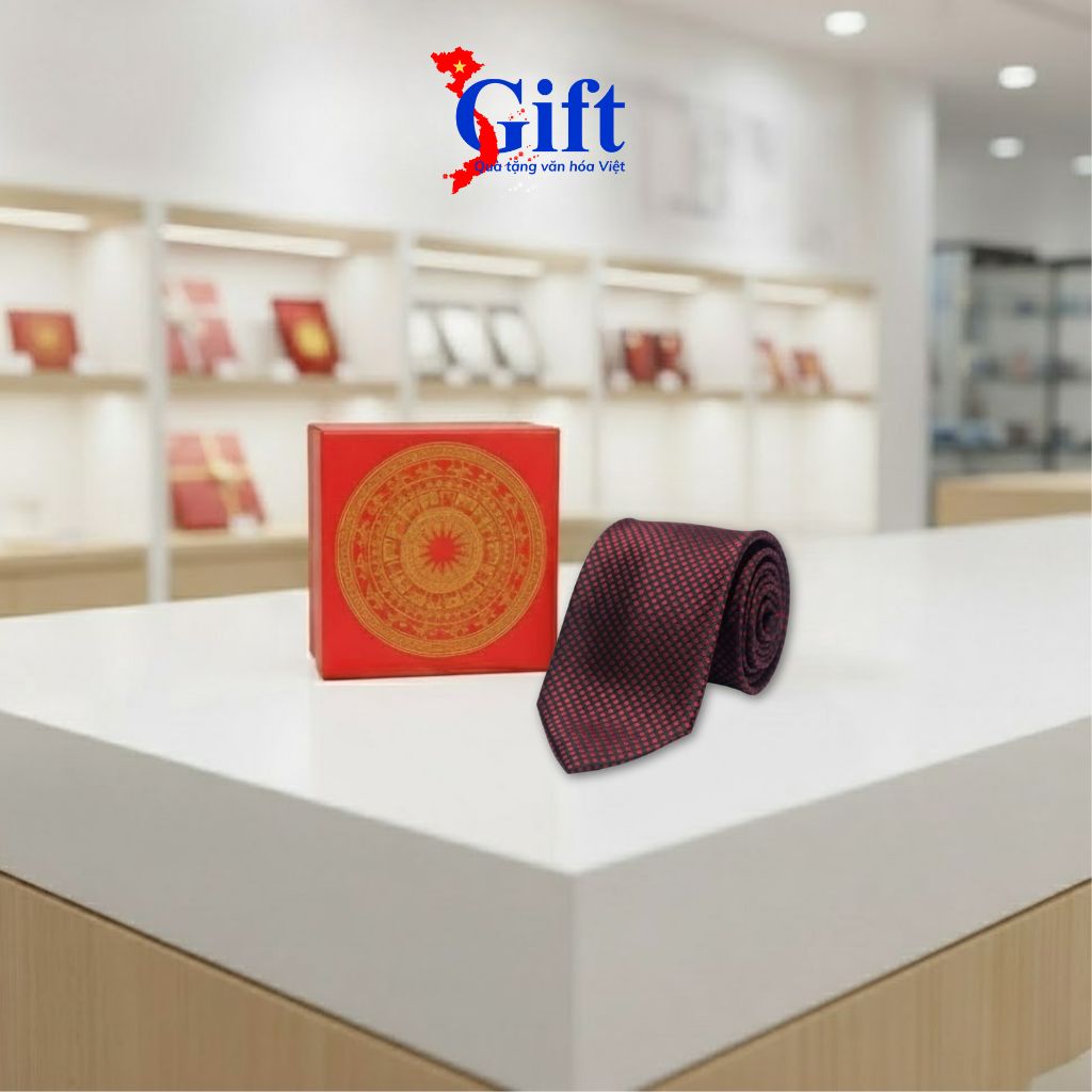 Cà Vạt Lụa Tơ Tằm Họa Tiết chấm bi Hộp Sơn Mài Cao Cấp (2) Cà Vạt Lụa Tơ Tằm Họa Tiết Chấm Bi Đỏ - Hộp Sơn Mài Cao Cấp SG07.4