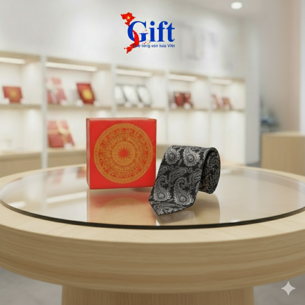 Cà Vạt Lụa Tơ Tằm Họa Tiết đuôi công Hộp Sơn Mài Cao Cấp (1)