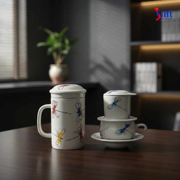 Ly Lọc Trà & phin cafe vẽ chuồn kim xanh đỏ