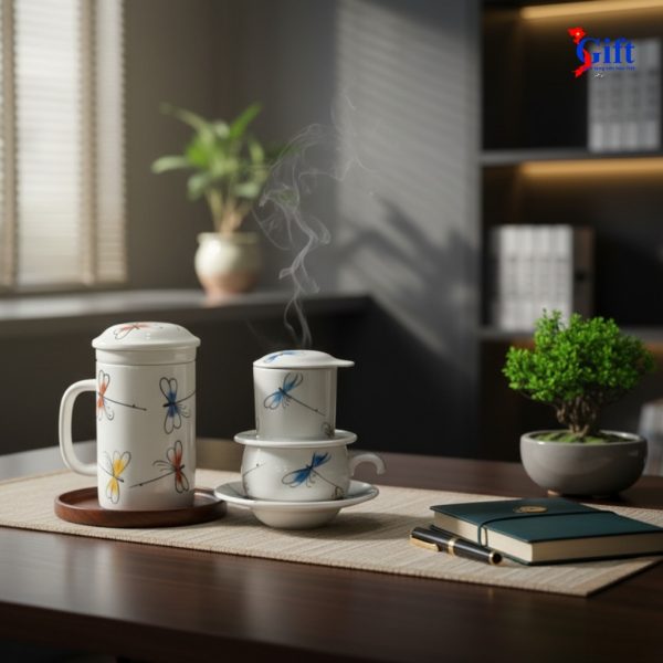 Ly Lọc Trà & phin cafe vẽ chuồn kim xanh đỏ