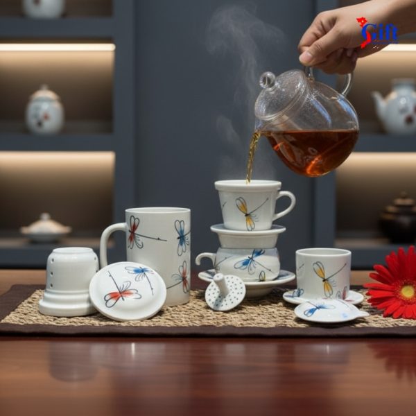 Ly Lọc Trà & phin cafe vẽ chuồn kim xanh đỏ