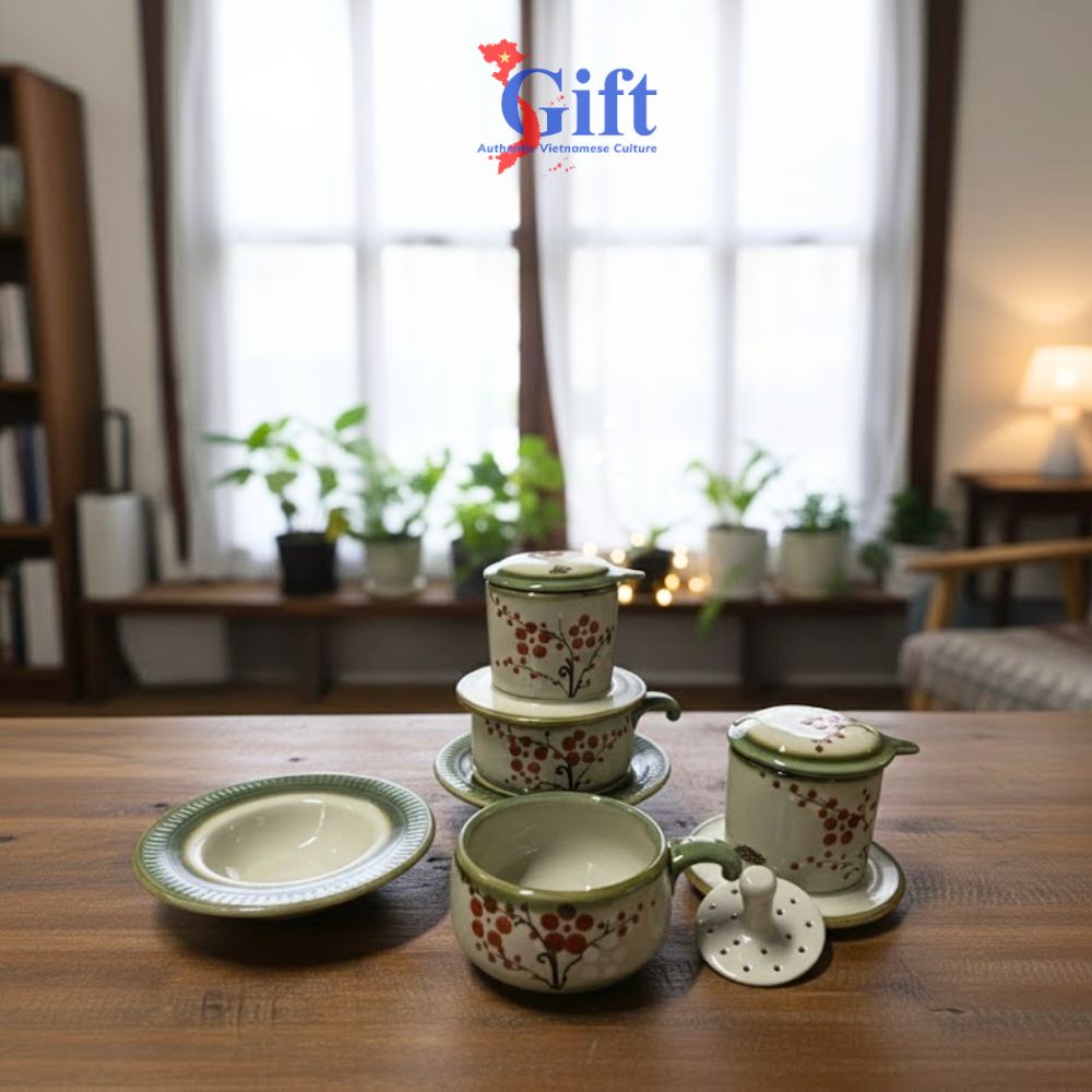 Phin Cafe Gốm Bát Tràng Vẽ Đào Đỏ Thấp