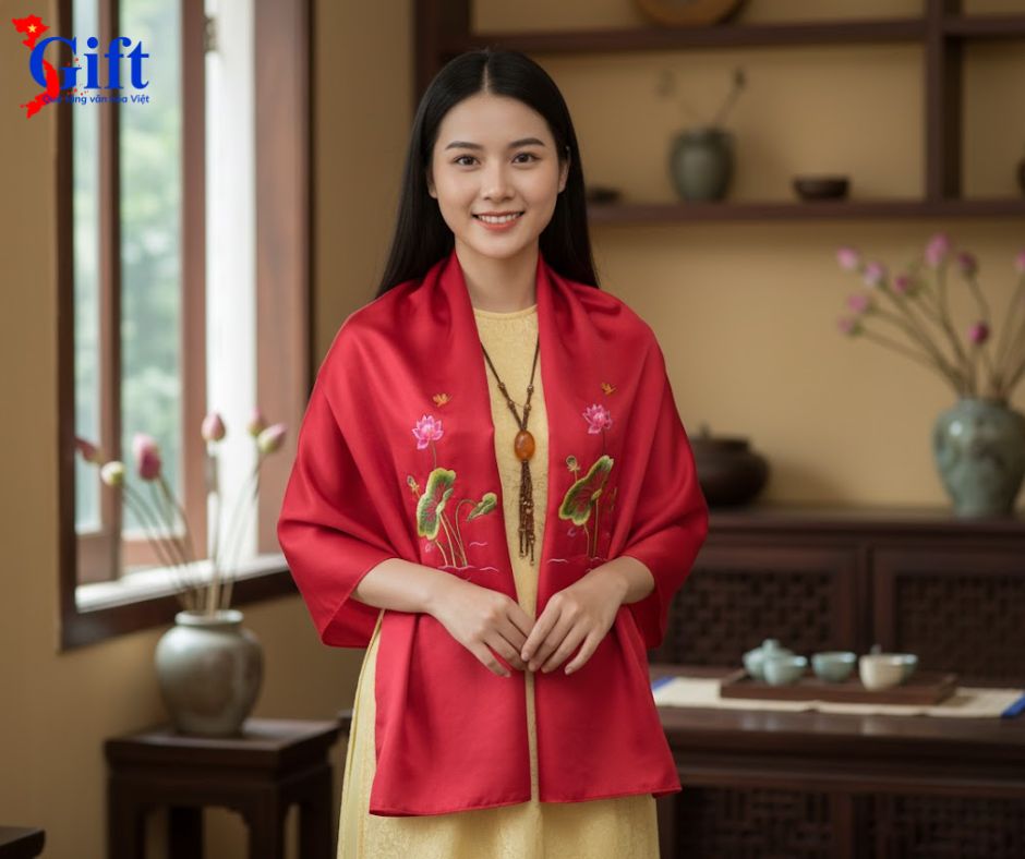 Khăn lụa trơn thêu sen đỏ mận SGMNV-LNL45180/10