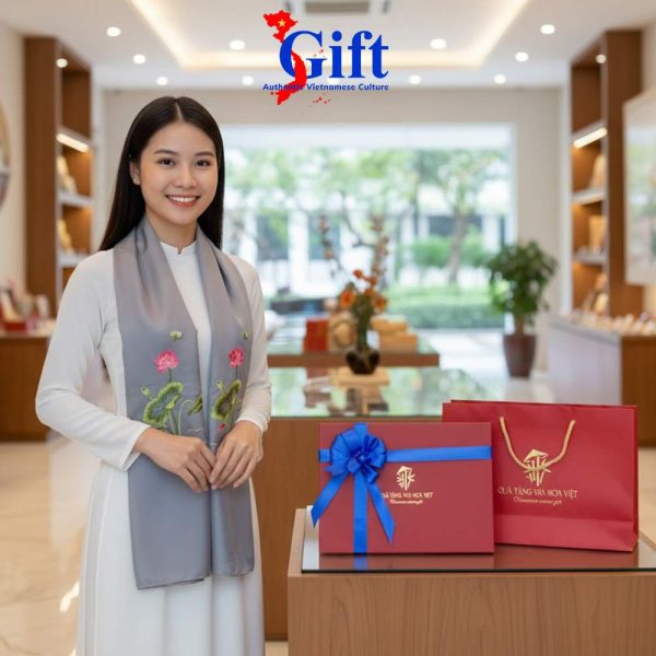 Khăn Lụa Thêu Sen Xám Cao Cấp SGMNV-LNL45180/8 | Vẻ Đẹp Tinh Tế Tối Giản