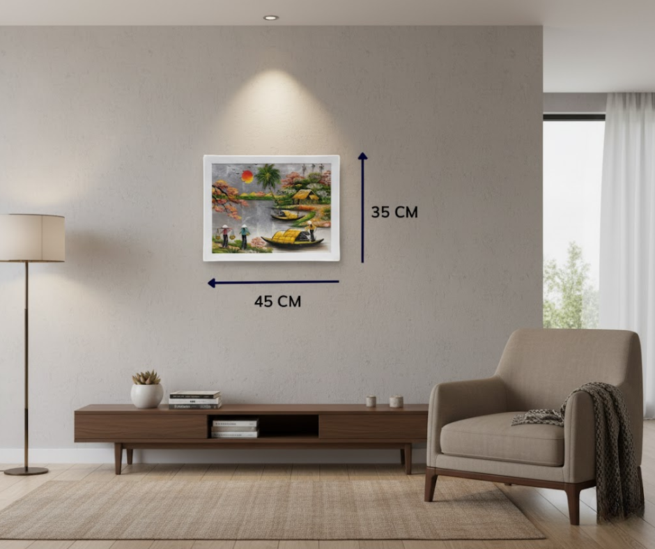 Bộ tranh sơn mài đồng quê dát lá bạc và khung trắng