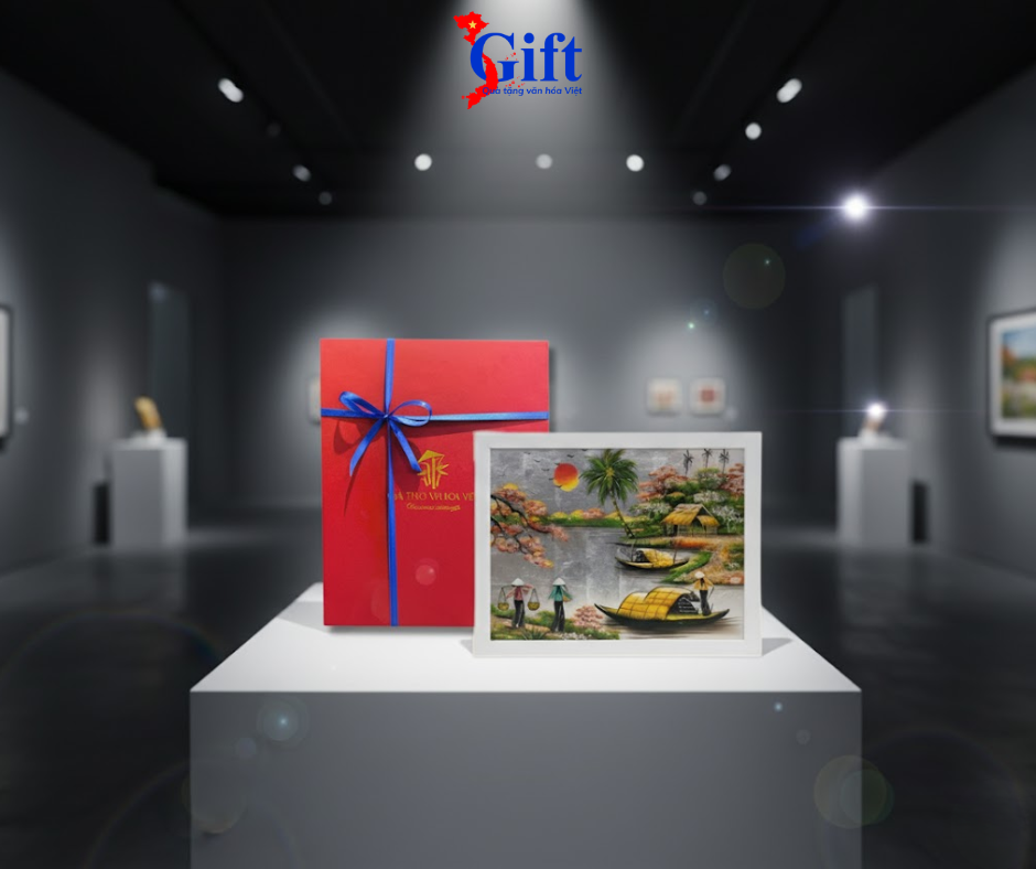 Bộ tranh sơn mài đồng quê dát lá bạc và khung trắng