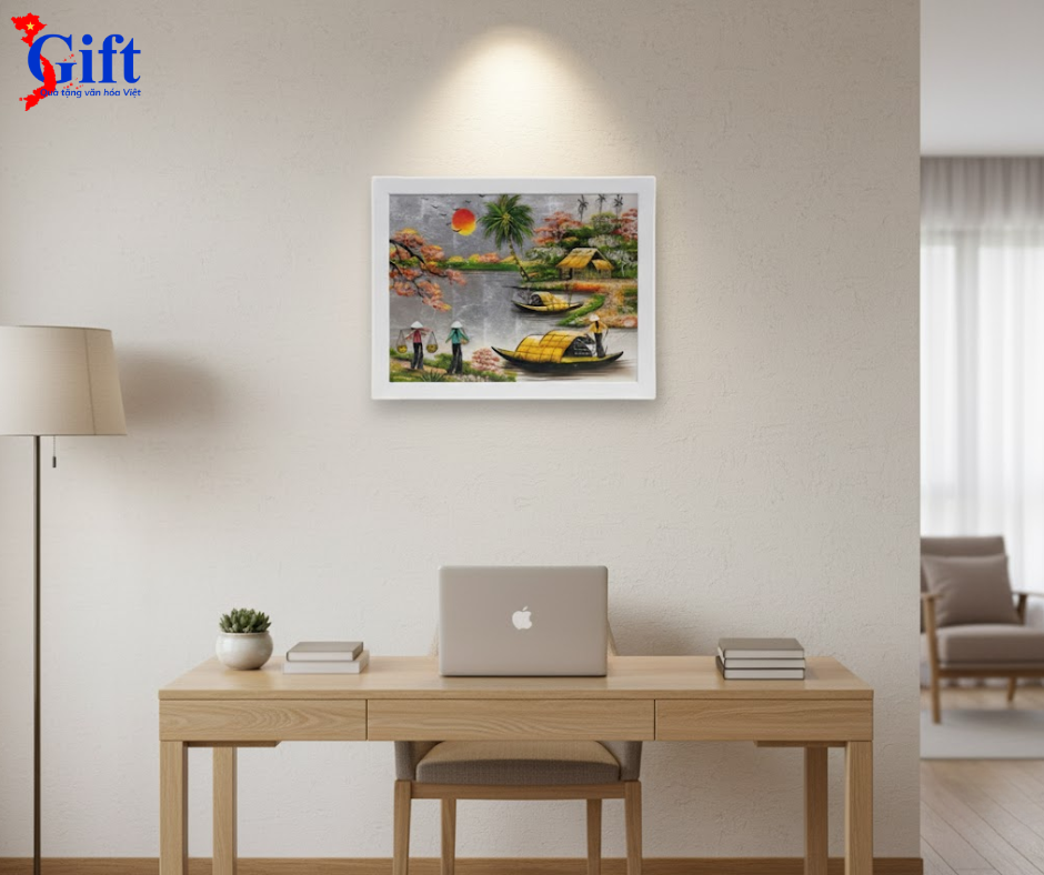 Bộ tranh sơn mài đồng quê dát lá bạc và khung trắng