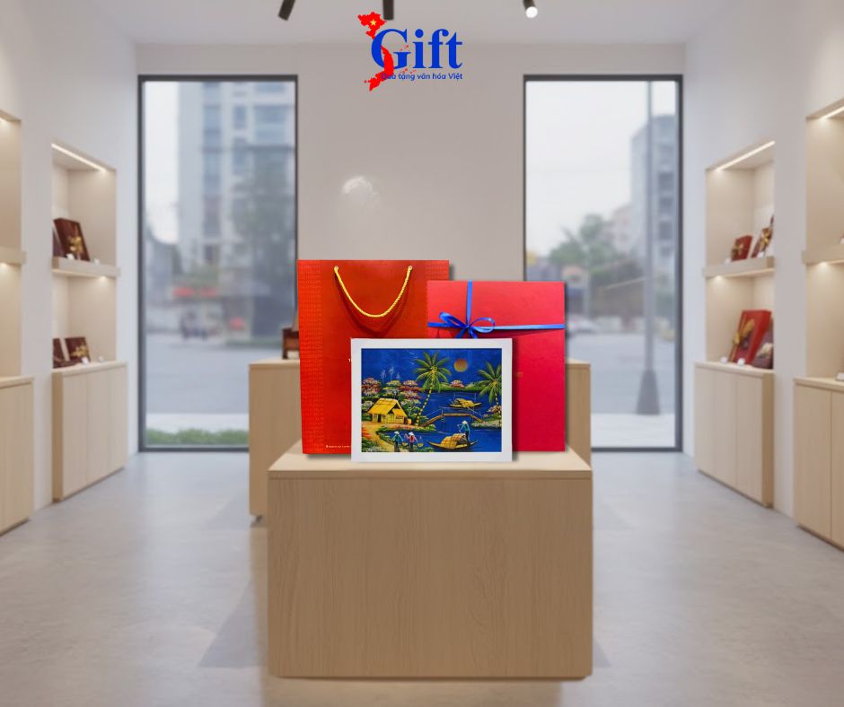 Bộ tranh sơn mài đồng quê nền xanh dương và khung trắng SGTSM3040/khung