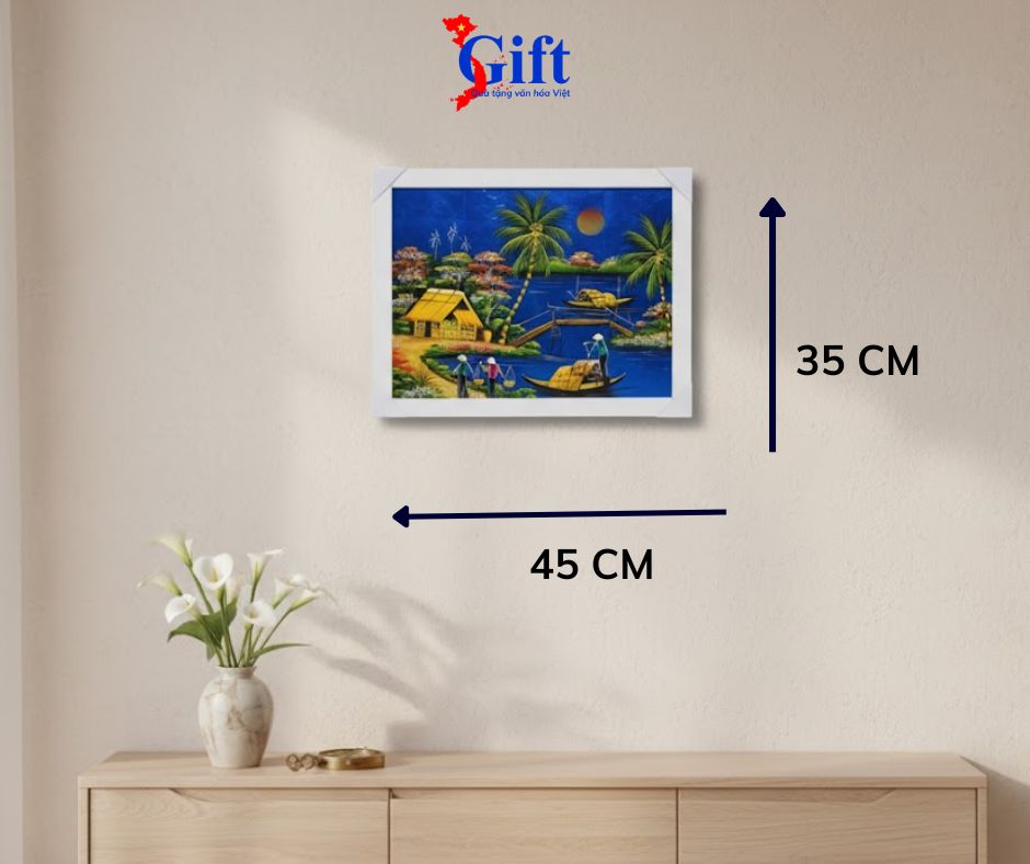 Bộ tranh sơn mài đồng quê nền xanh dương và khung trắng SGTSM3040/khung