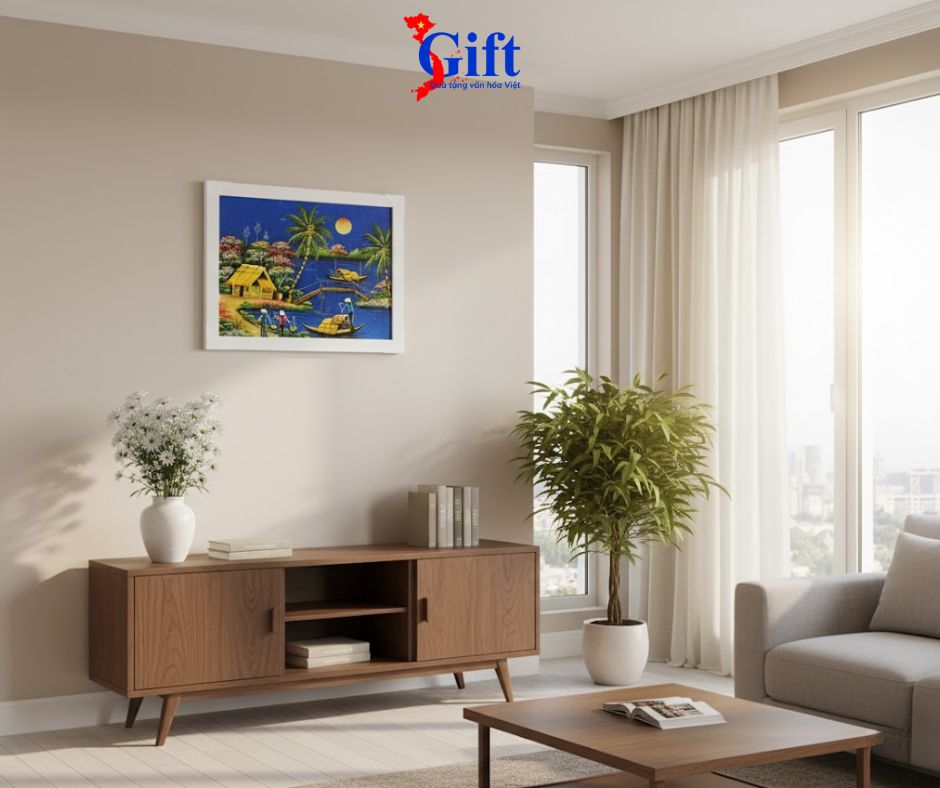 Bộ tranh sơn mài đồng quê nền xanh dương và khung trắng SGTSM3040/khung