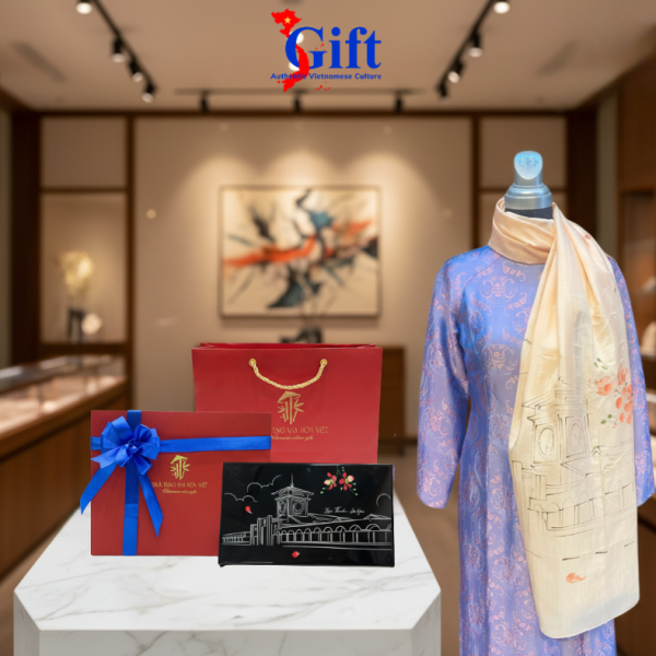 Gift Set: Silk Scarf with Ben Thanh Market Design (Orange) & Black Jewelry Box SG01.1