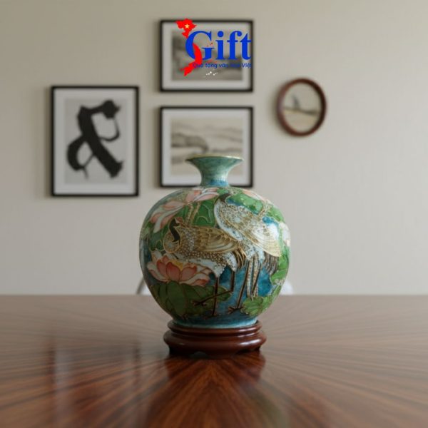 Bình thu tài hút lộc gốm Bát Tràng hàng cao cấp vẽ họa tiết đắp nổi H30 + chân đế SG08.2