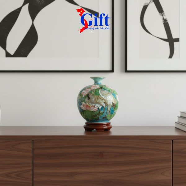 Bình thu tài hút lộc gốm Bát Tràng hàng cao cấp vẽ họa tiết đắp nổi H30 + chân đế SG08.2