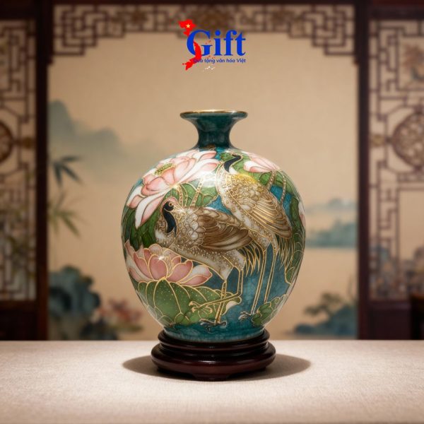 Bình thu tài hút lộc gốm Bát Tràng hàng cao cấp vẽ họa tiết đắp nổi H30 + chân đế SG08.2