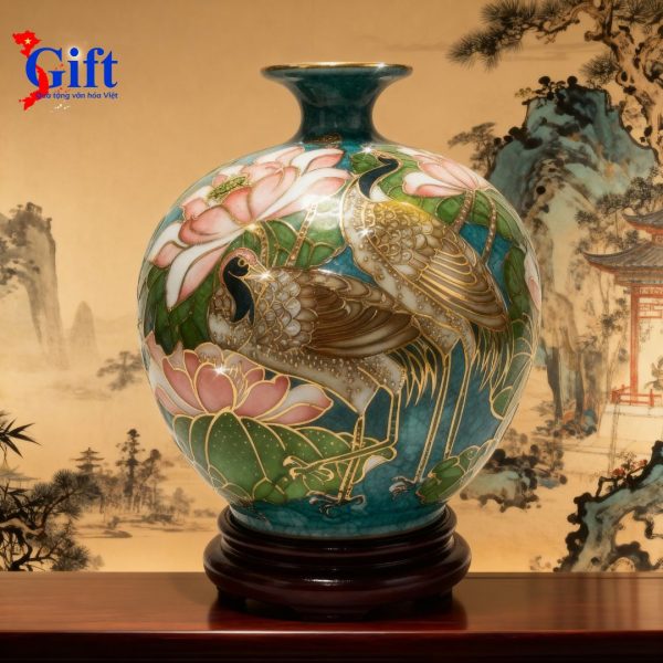 Bình thu tài hút lộc gốm Bát Tràng hàng cao cấp vẽ họa tiết đắp nổi H30 + chân đế SG08.2