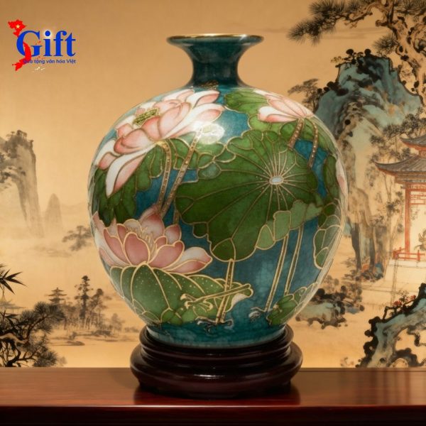 Bình thu tài hút lộc gốm Bát Tràng hàng cao cấp vẽ họa tiết đắp nổi H30 + chân đế SG08.2