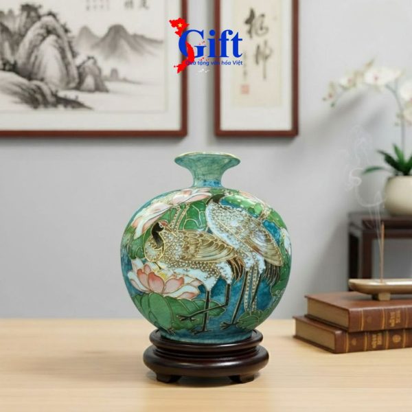 Bình thu tài hút lộc gốm Bát Tràng hàng cao cấp vẽ họa tiết đắp nổi H30 + chân đế SG08.2