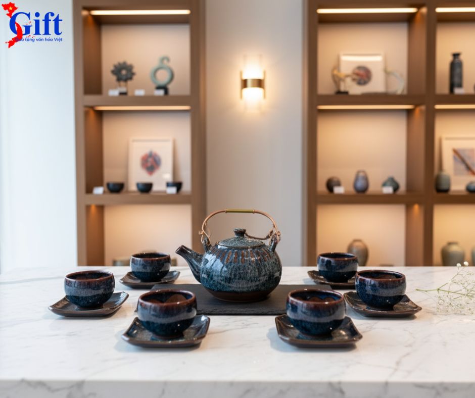 Bộ bình trà men hỏa biến Ấm chén kẻ sọc 500ml TS580