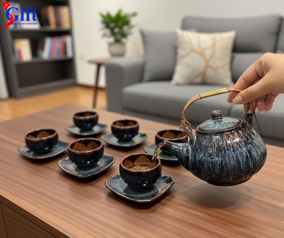 Bộ bình trà men hỏa biến Ấm chén kẻ sọc 500ml TS580 (3)