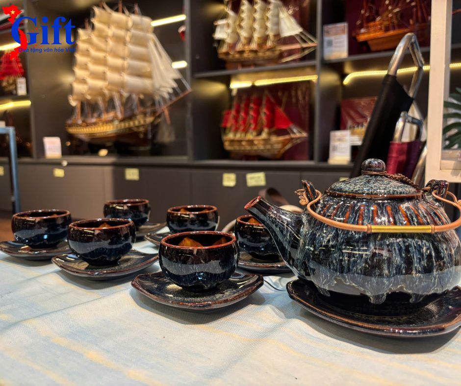 Bộ bình trà men hỏa biến Ấm chén kẻ sọc 500ml TS580 (7)