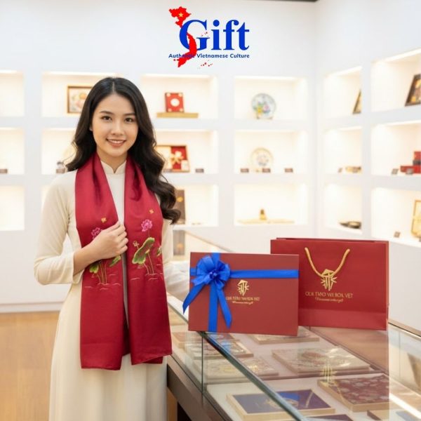 Khăn Lụa Trơn Thêu Sen Đỏ Mận SGMNV-LNL45180/10: Nét Thanh Tao Từ Lụa Tơ Tằm Hà Đông