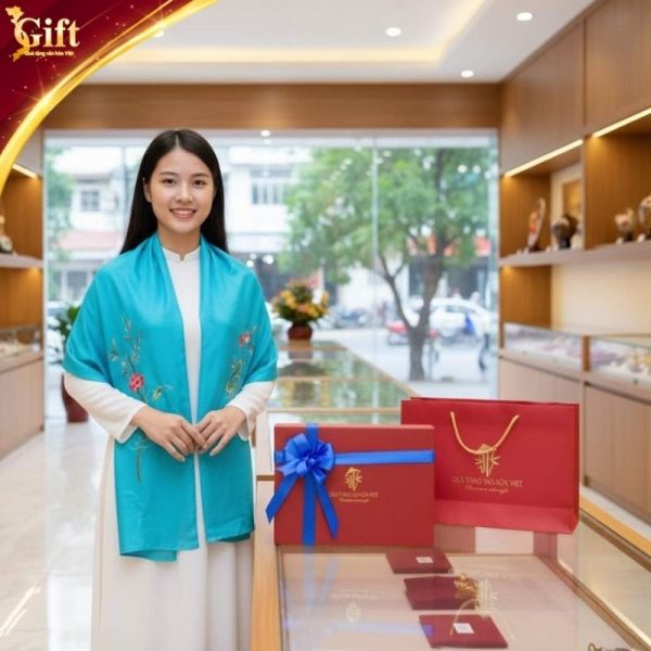 Khăn Lụa Thêu Sen Xanh Ngọc SGMNV-LNL451809 Cao Cấp Tinh Hoa Lụa Hà Đông Dịu Dàng