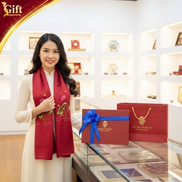 Khăn Lụa Trơn Thêu Sen Đỏ Mận SGMNV-LNL4518010 Nét Thanh Tao Từ Lụa Tơ Tằm Hà Đông