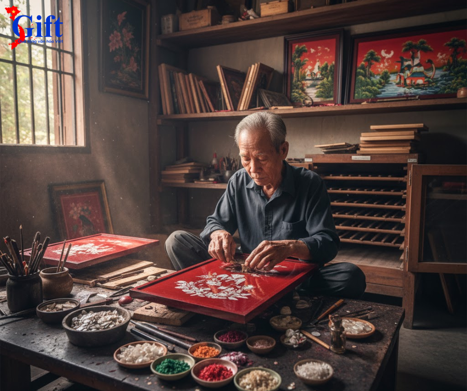 Nghệ nhân vẽ tranh sơn mài Sgift quà tặng văn hóa việt