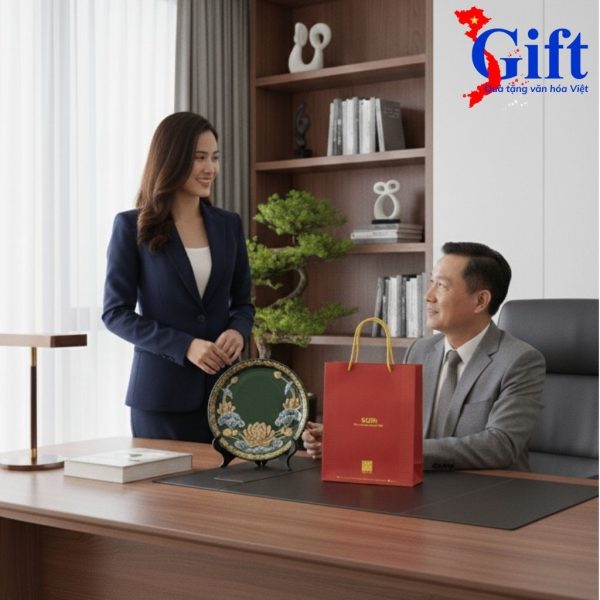 Blue Lotus Relief Ceramic Plate with Wooden Stand