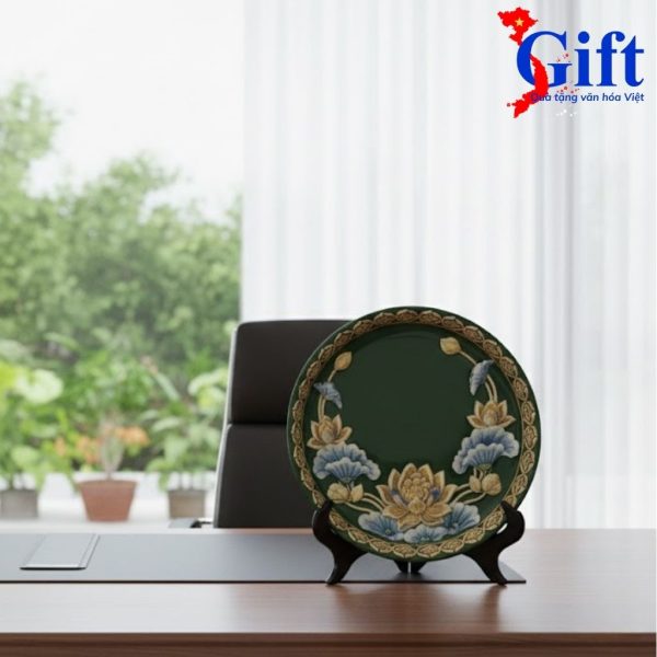 Blue Lotus Relief Ceramic Plate with Wooden Stand