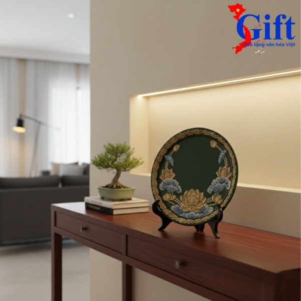 Blue Lotus Relief Ceramic Plate with Wooden Stand