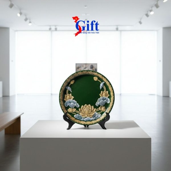 Blue Lotus Relief Ceramic Plate with Wooden Stand