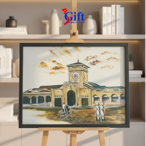Tranh sơn mài Chợ Bến Thành Quà tặng văn hóa SG02.2