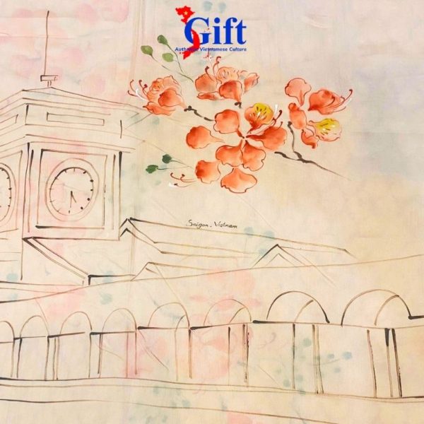 Gift Set: Silk Scarf with Ben Thanh Market Design (Orange) & Black Jewelry Box